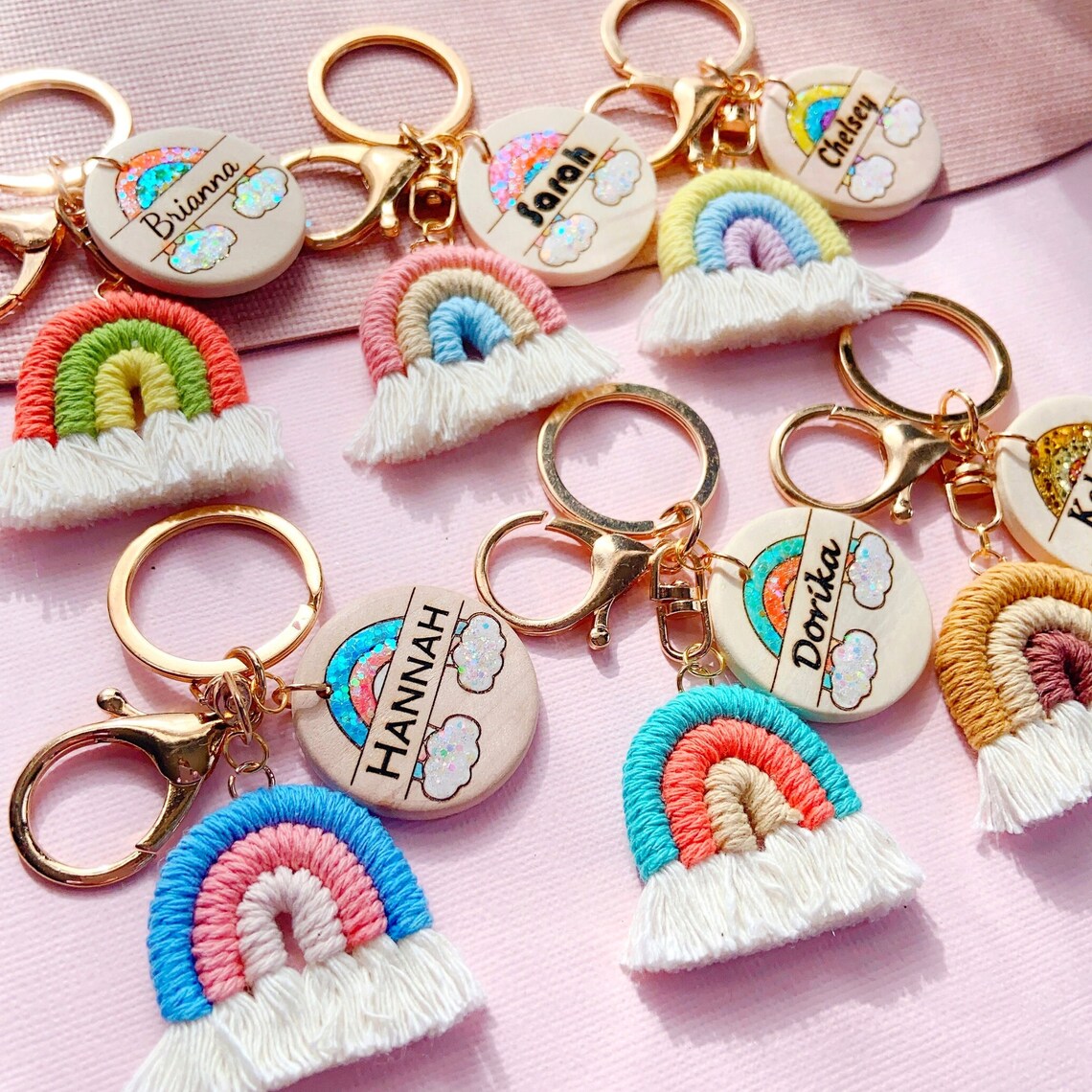 Personalized Macrame Rainbow Keyring / Custom Name Glitter Rainbow Keychain / Custom Made Name Keyring / Gifts